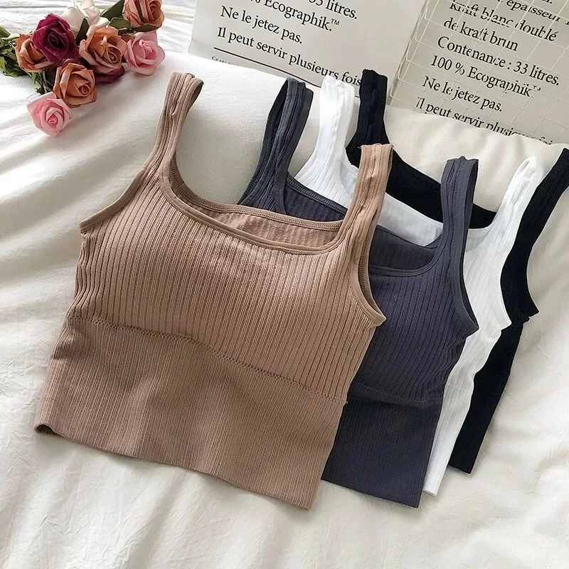 Crop Top Women Seamless Square Collar Wide Straps Tank Top Knitted Striped Camisole Solid Corset Top Female