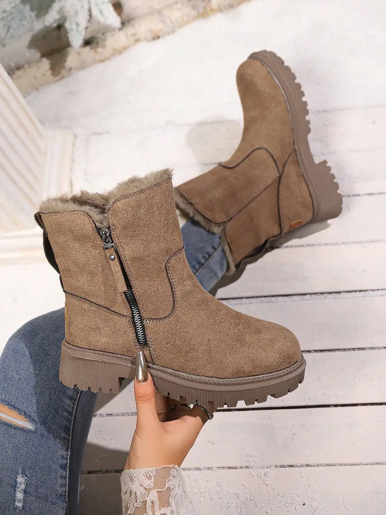 Women's Faux Suede Winter Snow Boots, Plush Fleece-Lined Mid-Calf Short Boots, Side Zipper Design, Thick Sole Non-Slip Platform Shoes,Winter Discounts