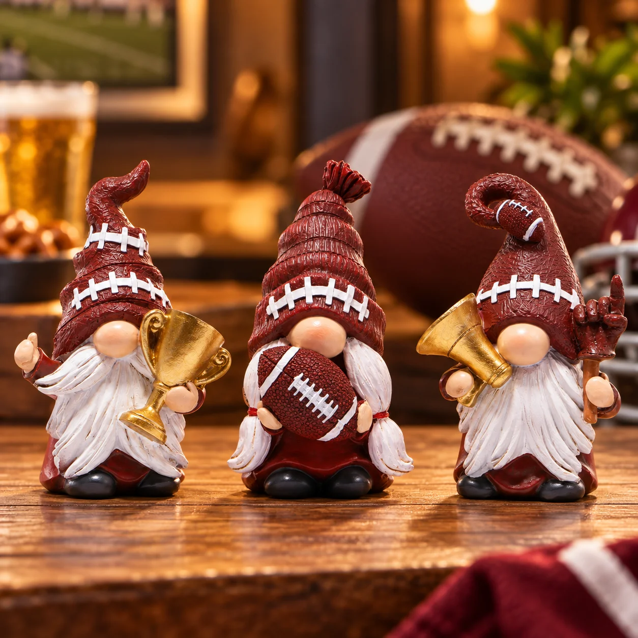 Hodao Resin American Football Gnome Figurine Set 3Pcs Sports Fan Decor Trophy Ball Megaphone Game Day Tabletop Home Office Gift