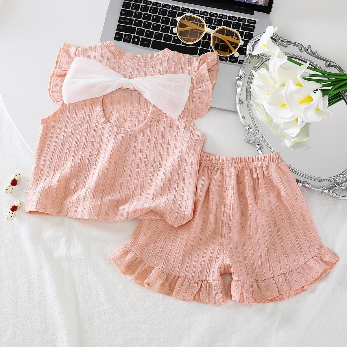 Girls Summer Bow Set Baby Texture Small Flying Sleeves Ruffle Shorts Two Piece Set Childrens Home Clothes