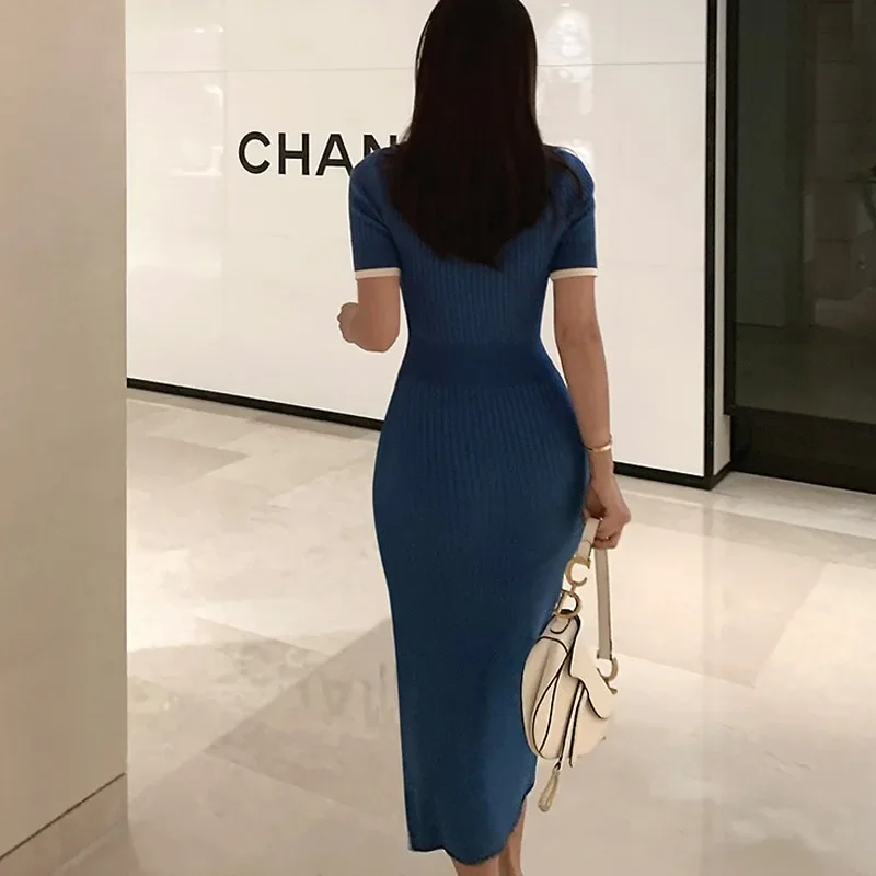 New Slim Knitted Dress Women Summer Korean Fashion Polo Collar Single Breasted Short Sleeve Bodycon Long Dresses Vestidos Robe