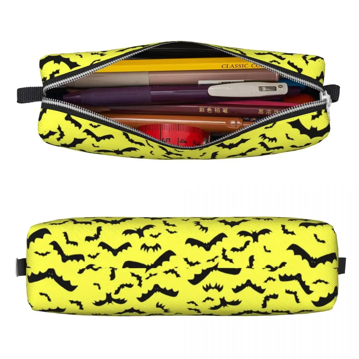 Gothic Design Square Pencil Case Bats Yellow Print School Cool Leather Pencil Box Teenager Zipper Pen Bag