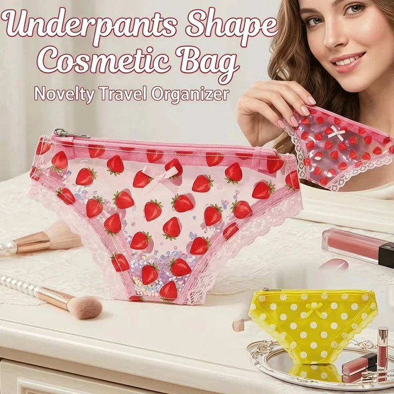 Trendy Niche Underwear Shape Coin Purse Strawberry Polka Dot Pattern Makeup Storage Bag Pvc Zippered Travel Toiletry Bag