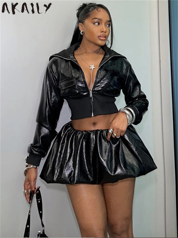 Akaily Winter Women's Faux Leather Two Piece Racer Set Streetwear Outfits 2024 Zip Up Biker Cropped Jacket+Matching Bubble Skirt