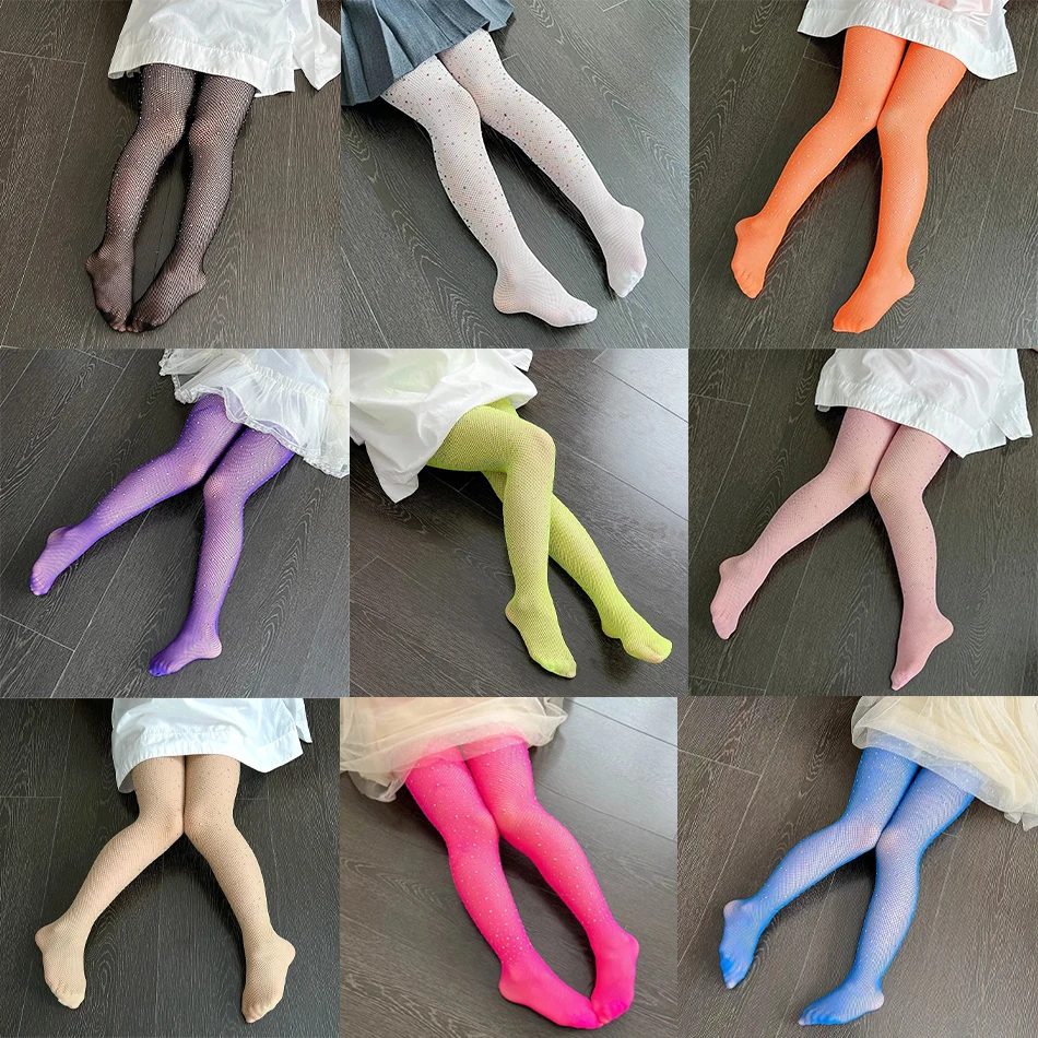 Kids Sparkly Rhinestone Fishnet Tights Girls Shiny Mesh Pantyhose For Party Girls Fish Net Dance Pantyhose Costume Accessory