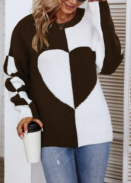 Long Sleeved 2023 New Hot Selling Fashion Women's Round Neck Color Matching Love Knit Sweater Pullover Sweater