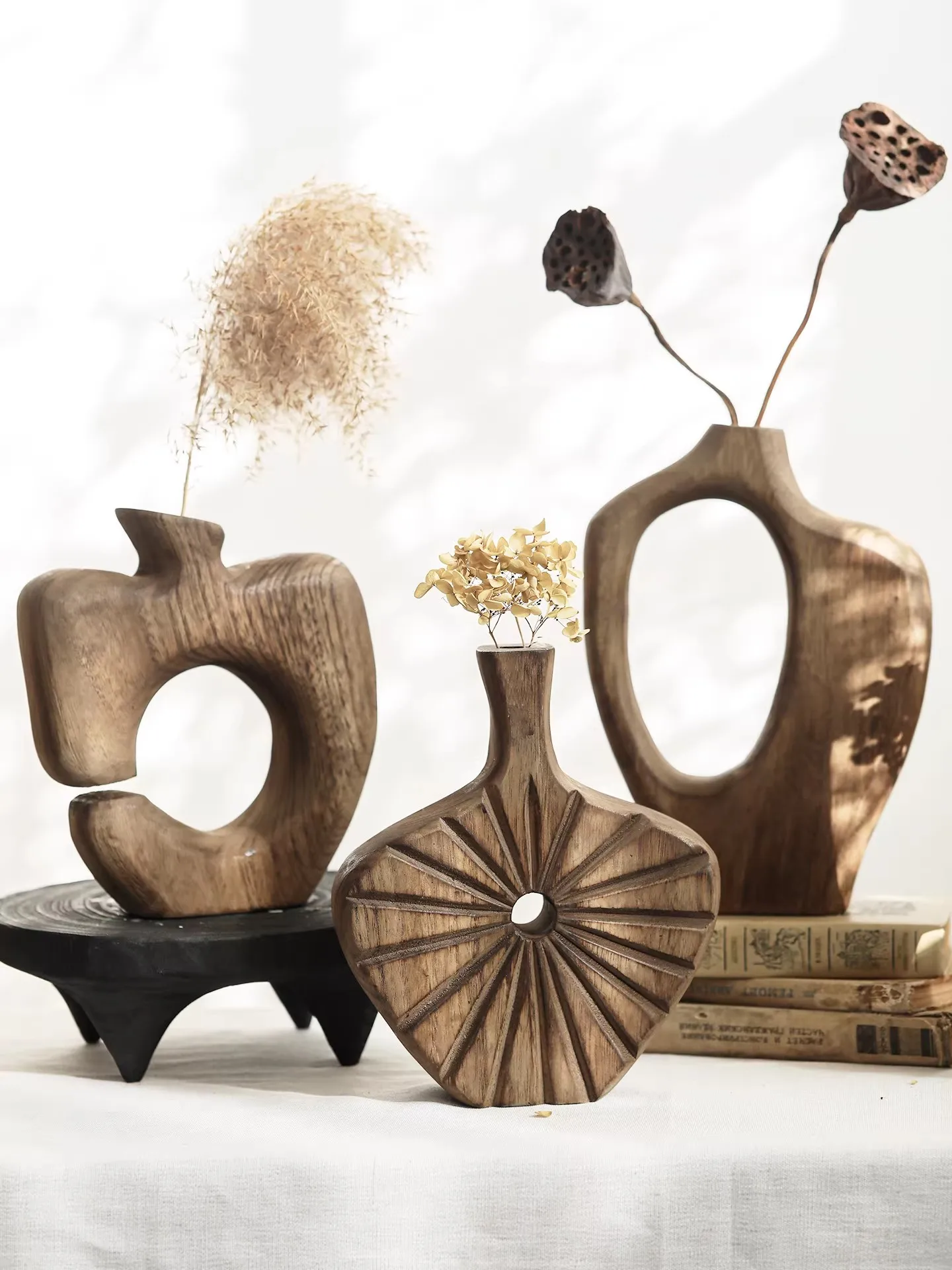 Rustic Style Wooden Flower Vase Creative High-End Solid Wood Table Top Vase Living Room Wabi-Sabi Decors