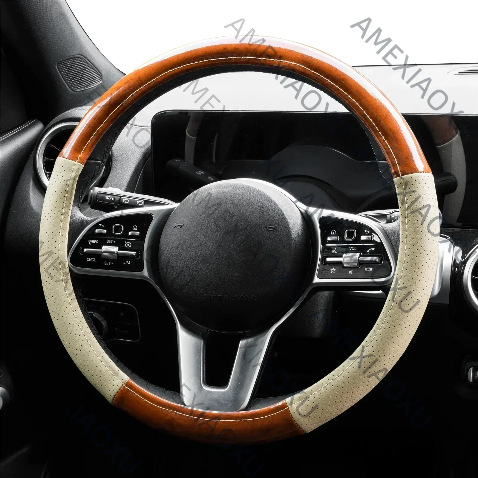 자동차 핸들 커버 우드 그레인 마호가니, 통기성 미끄럼 방지, 범용 인테리어 자동차 액세서리, 38cm, 15 인치