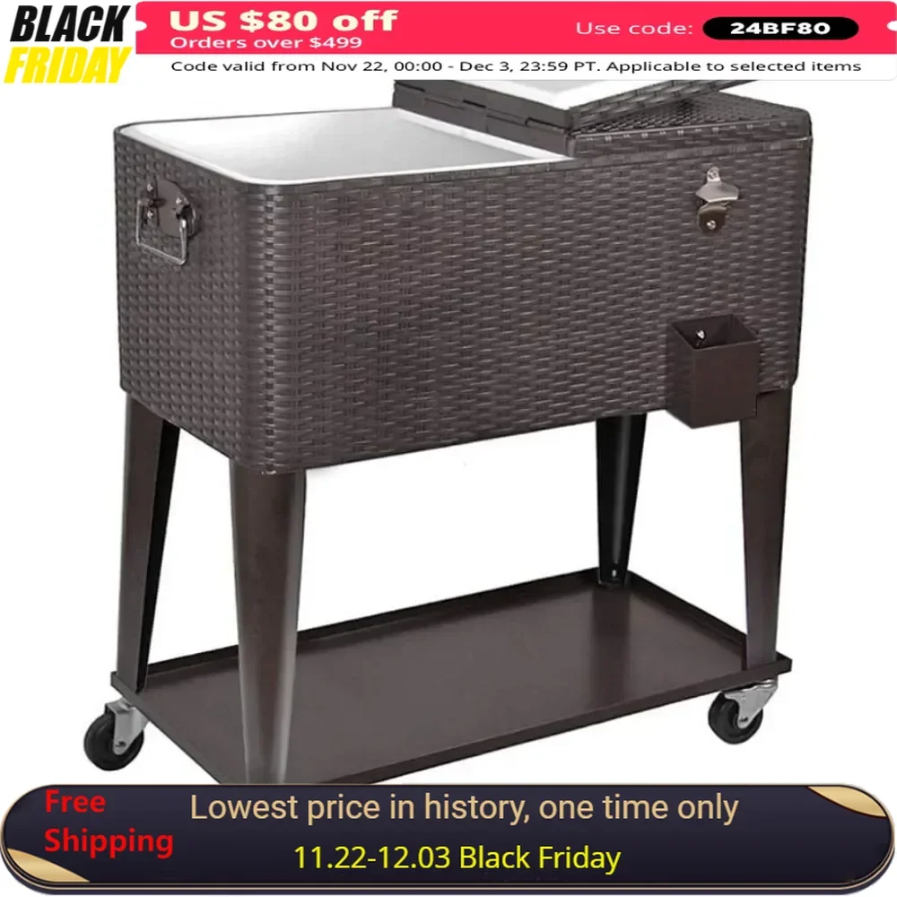 80 Quart Party Ice Cooler Table with Shelf & Bottle Opener, Wicker Faux Rattan Tub Trolley, Portable Rolling Ice Cooler Table