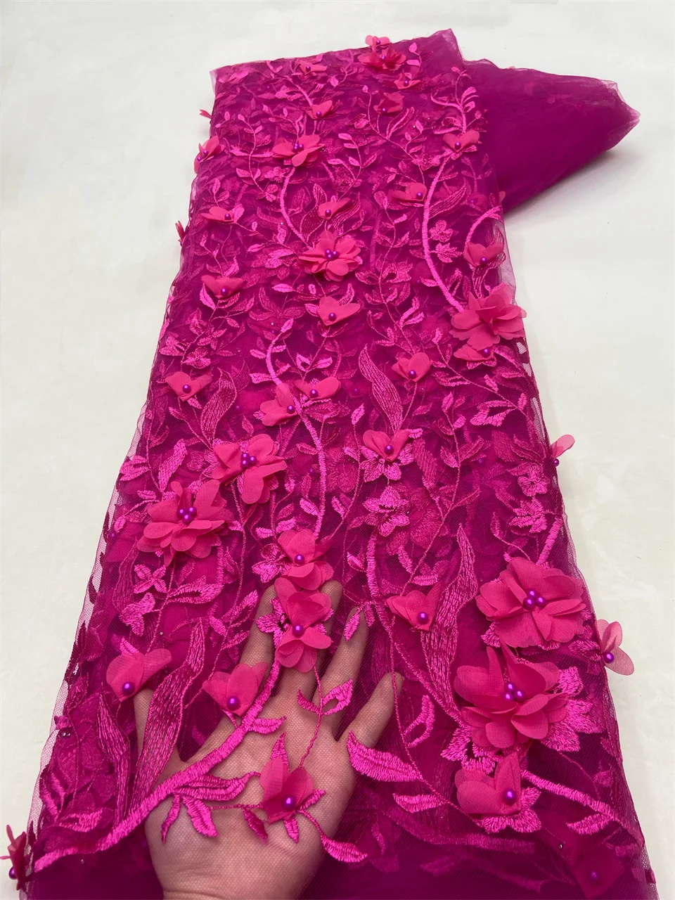 

French Mesh 3D Flowers Embroidery Beadeds Lace Fabric African Nigerian Fabric for Wedding Dress HXZ6133