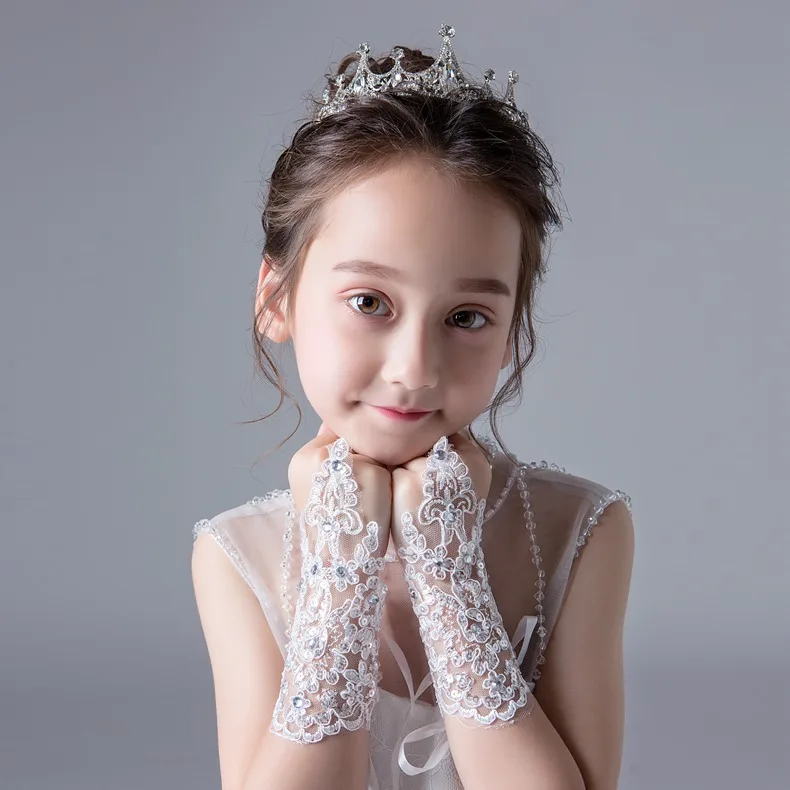 Kids Gloves Lace Rhinestone Flower Girl Dress Fingerless Performance Dance Decoration Child Size White Soft Lightweight Daily