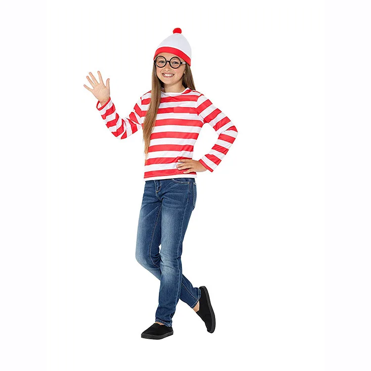 Wheres Cosplay Wally Striped Shirt Boys Waldo Costume Shirt Glasses Hat Socks Parent-child Carnival Christmas Party Costume Suit