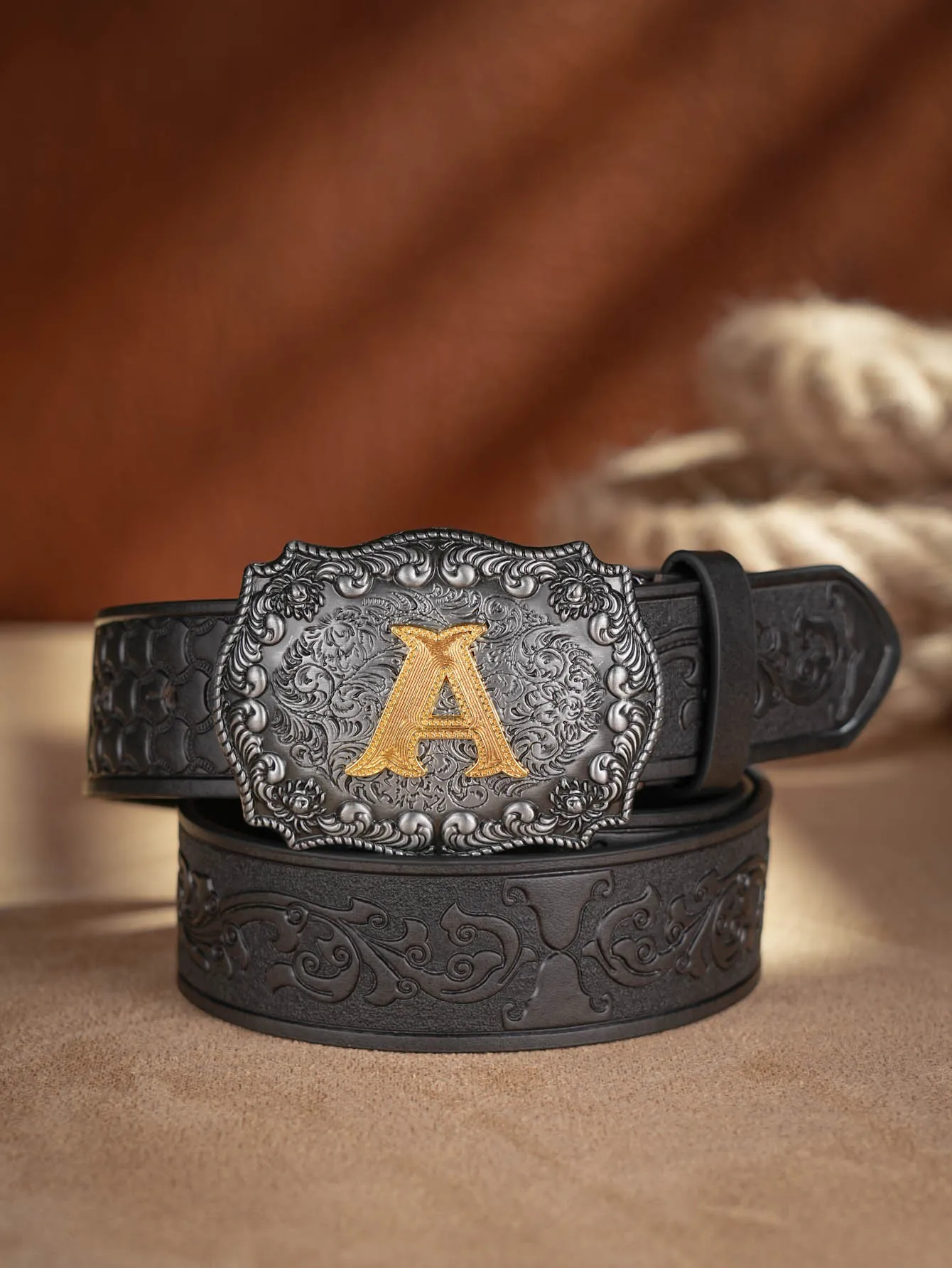 Western Cowboy PU-Ledergürtel – Herren-Hüftgurt, Stier-Dekoration, Blumenmuster, graviert für Jeans – Detail 1