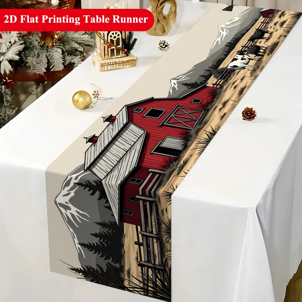 1PC 2D Flat Printing Classic Rural Farm Scene Table Runner, Polyester Table Cover for Holiday Season Party, Dining Table Decor,