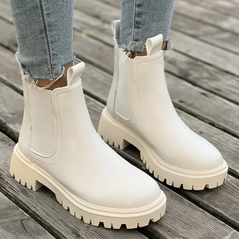 New Autumn Winter Chelsea Boots Women Platform  Black Beige  Ankle Boots for Women Fur Short Chunky Punk Gothic Shoes 35-40