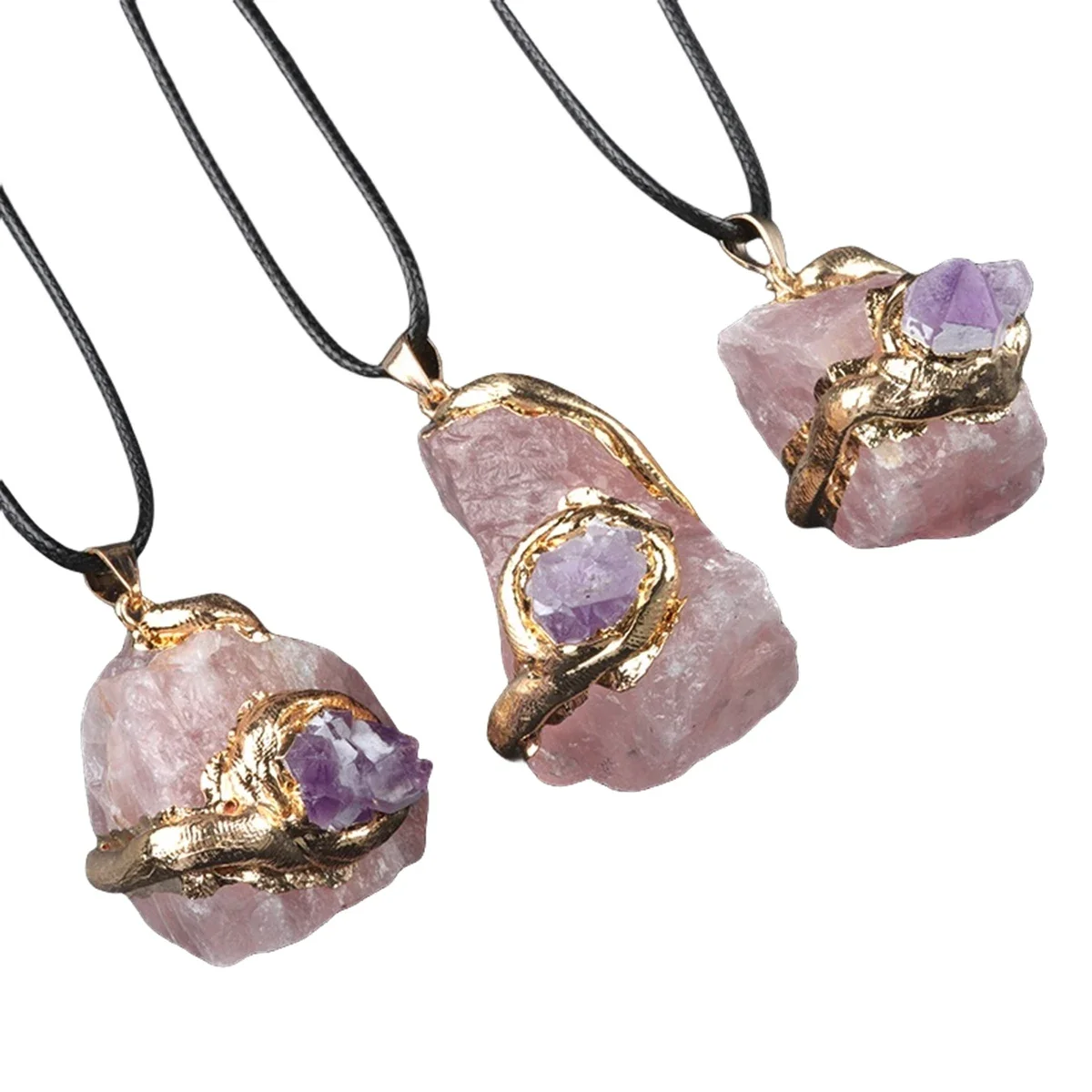 Natural Crystal Gemstone Pendant Necklace for women men Healing Stone Amethyst Pendant Crafted Woven Rope Fashion Jewelry Gift