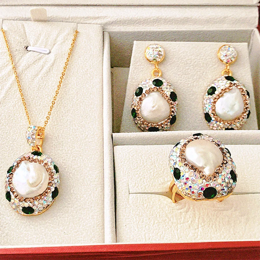 

Комплект из трех предметов, ожерелье из натурального жемчуга в стиле барокко, серьги и кольцо, натуральный пресноводный жемчуг неправильной формы, цепочка для свитера, ювелирные изделия