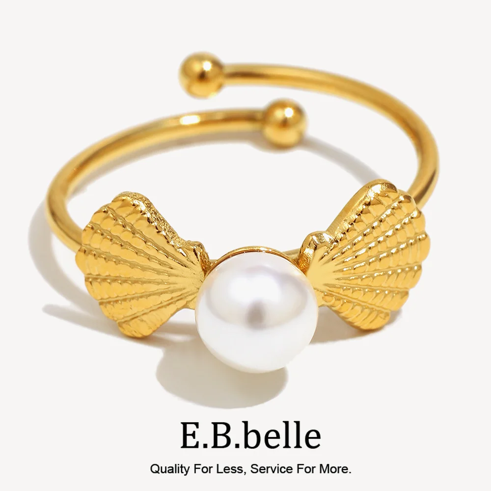E.B.belle Exquisite Ocean Style Shell Pearl Adjustable Ring Gold Plated Stainless Steel Party Holiday Women Jewelry Gifts