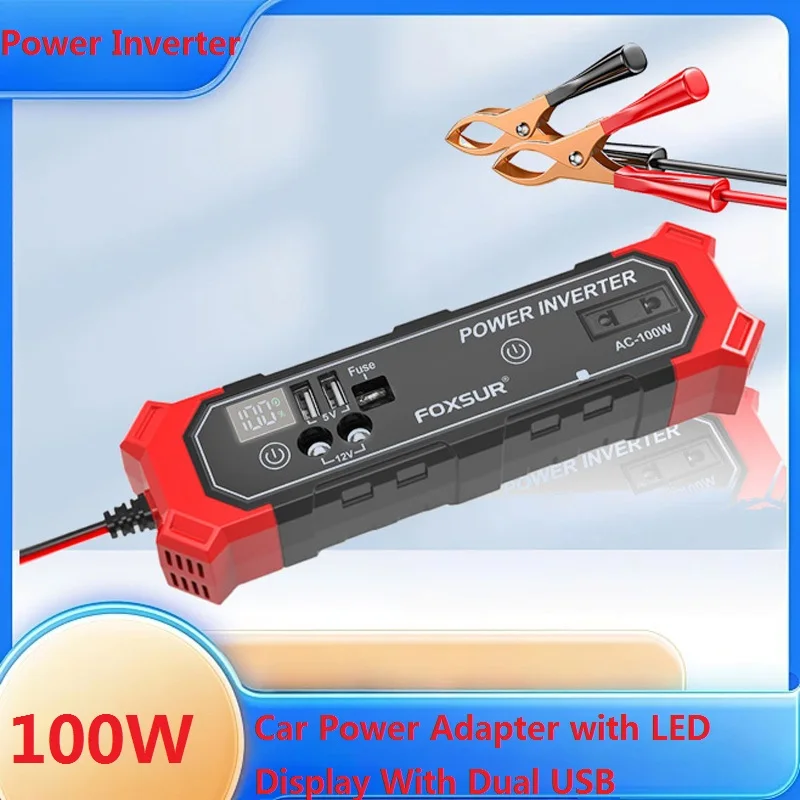 FOXSUR 100W Reiner Sinus-Wechselrichter Autoladegerät mit Dual-USB-Ladeanschluss DC 12V zu 230V AC Zigarettenanzünder / Klemmadapter