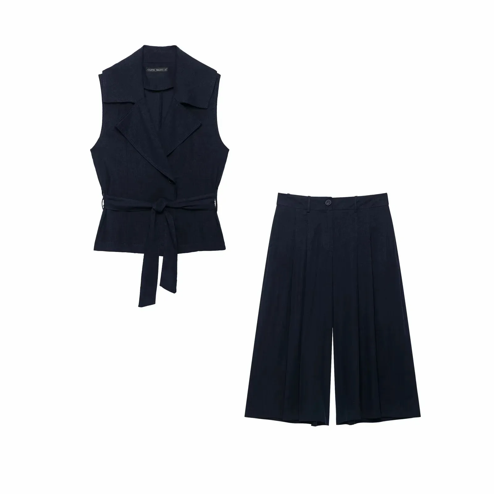 Damen Marineblau 2-Teiliges Set Ärmellose Blazer-Weste mit Revers und Gürtel + Hochgeschnittene Plissierte Weite Culottes-Shorts Damenanzug – Detail 3