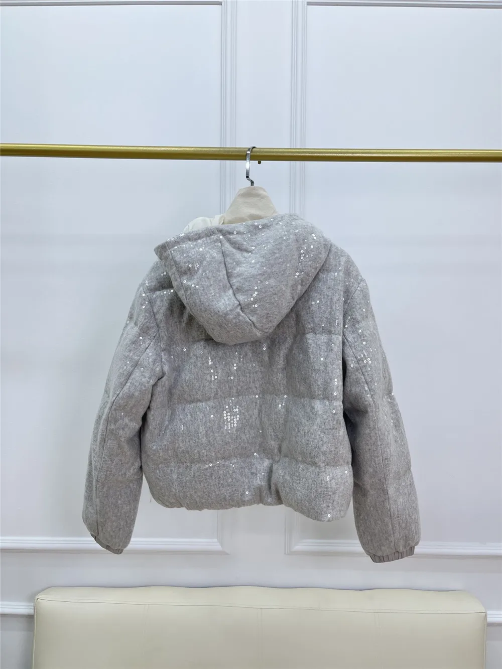 Heavy Beaded Sequined Hooded Goose Down Coat ผู้หญิงซิปหนาลงเสื้อแจ็คเก็ตฤดูใบไม้ร่วงฤดูหนาวใหม่