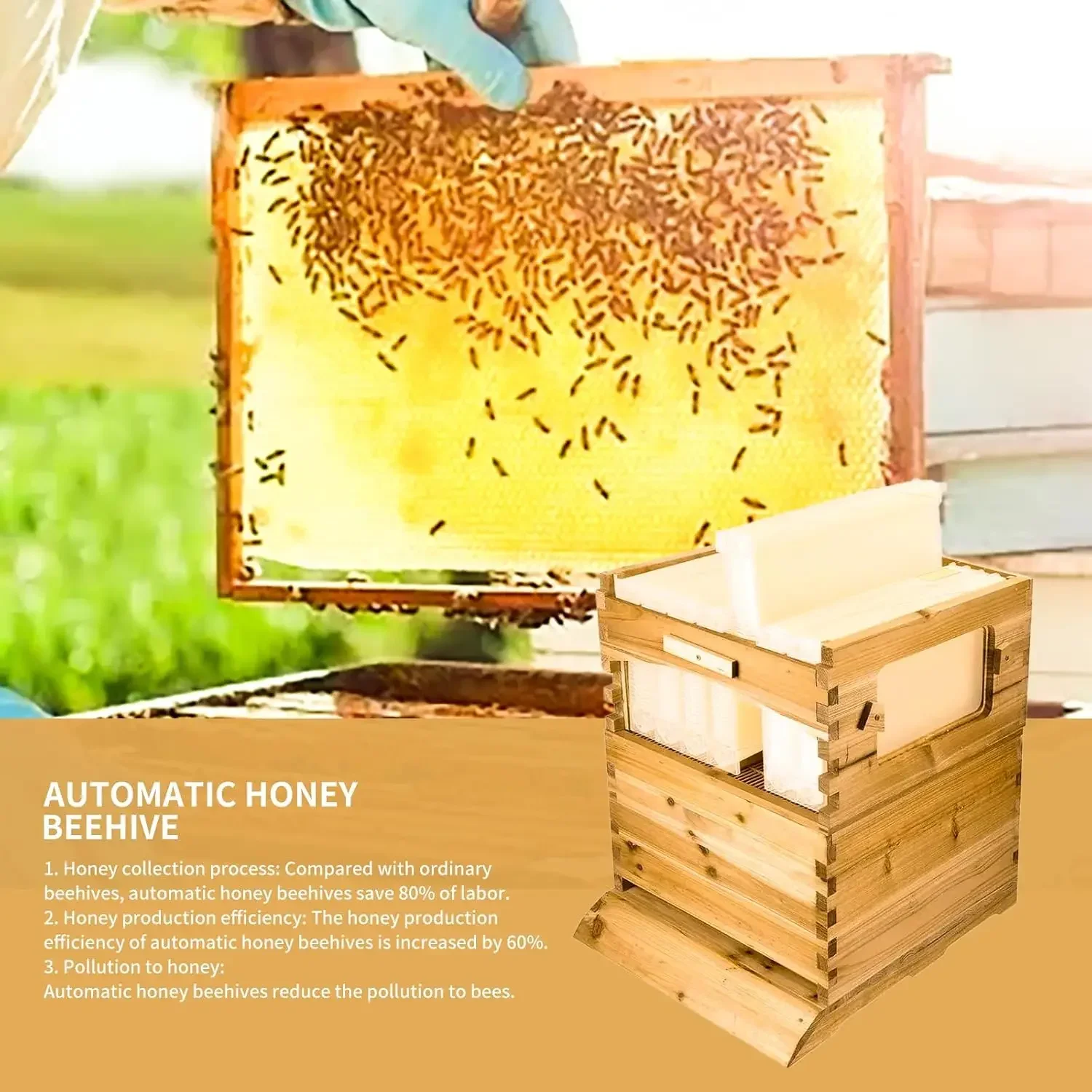 Full Set 7PCS Bee Hive Honey Hive Flowing Frame with Chinese Fir Wood Beekeeping Brood Box