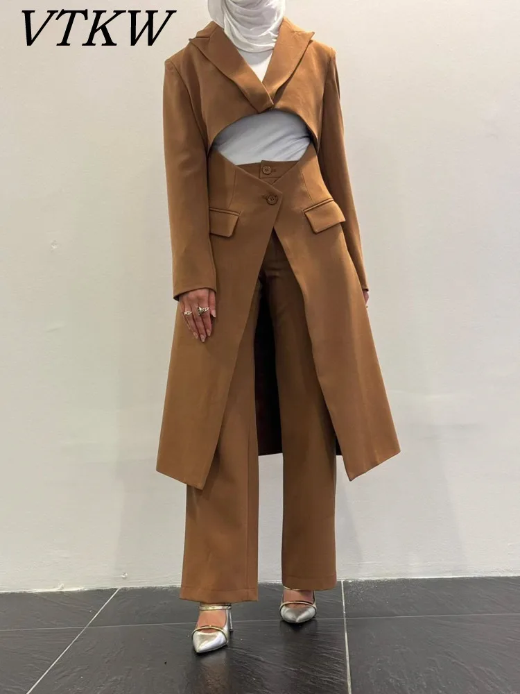 

VKTW Изысканный полый дизайн, высококачественный женский пиджак на одной пуговице, весна 2025, высококачественный комплект свободных брюк из двух предметов