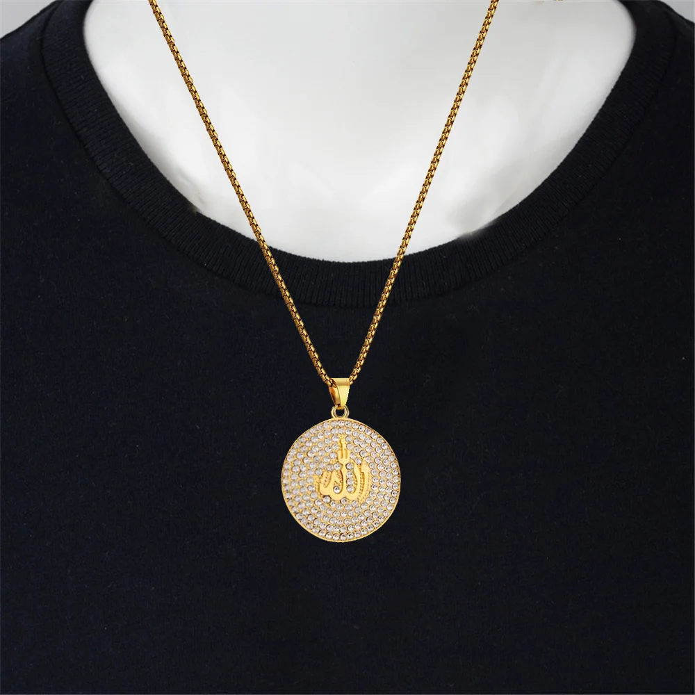 

Religious Iced Out Islam Muslim Allah Pendant Male Gold Color Stainless Steel Round Necklace For Men Islamic Jewelry Gift 2025