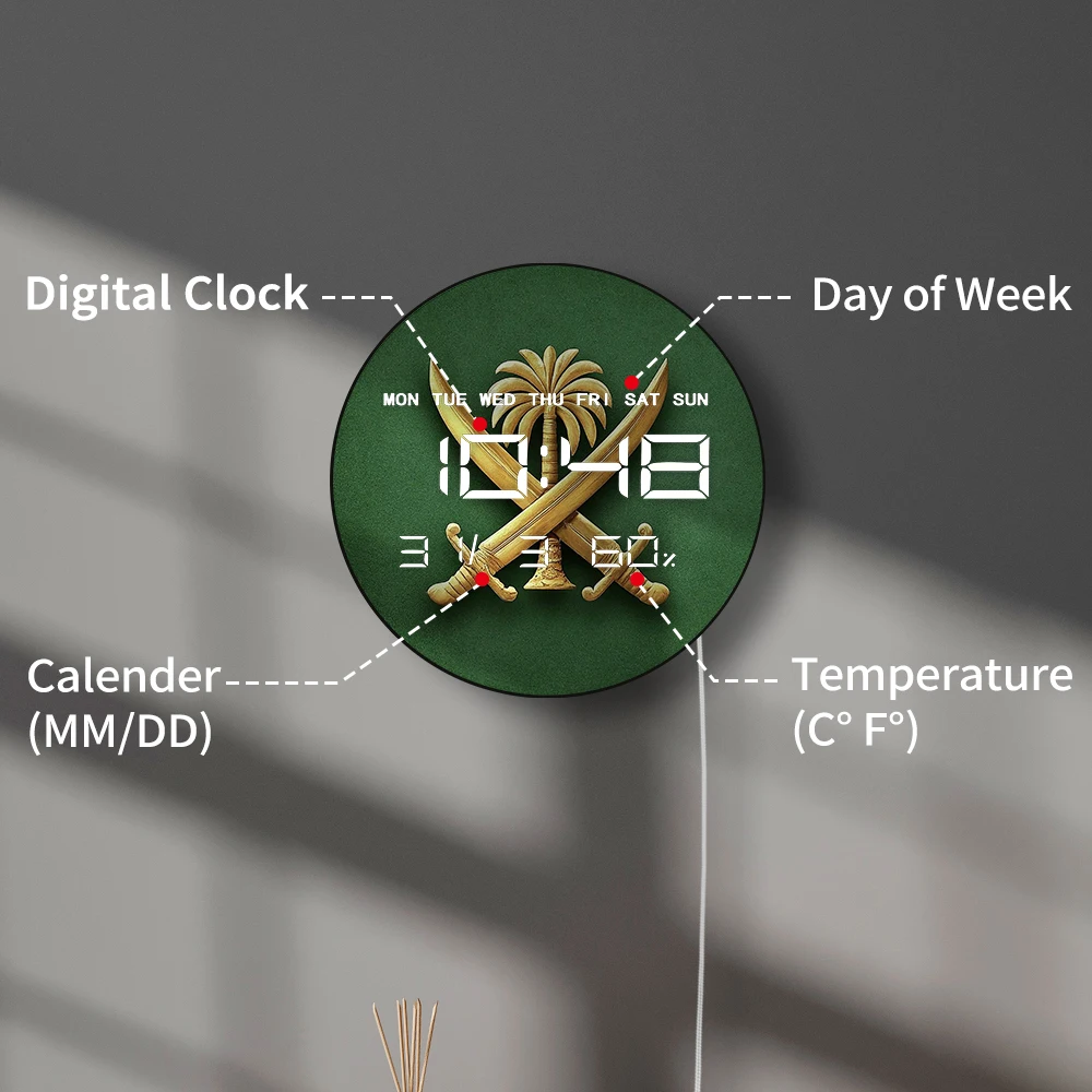 معطف الأسلحة LED ساعة حائط رقمية المملكة العربية السعودية العلم درع ساعة حائط إلكترونية عرض عددي كبير ديكور المنزل الوطني