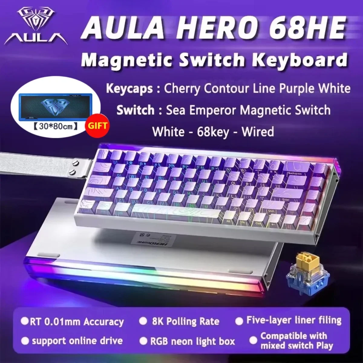 

AULA HERO 68HE Gaming Keyboard Magnetic RGB Hot Swap Rapid Trigger 8K Return Esports Wired Mechanical Keyboard Game Accessories