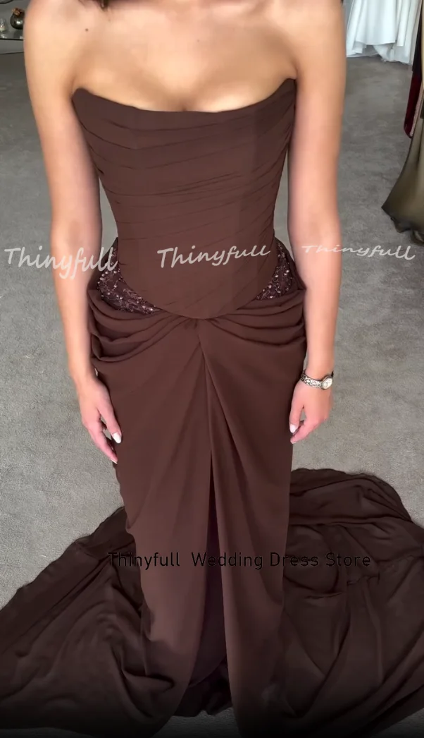 Thinyfull Mermaid Chiffon Prom Dress Sleeveless Strapless Arab Beading Evening Dresses Long Gown Robe De Soirée Customized