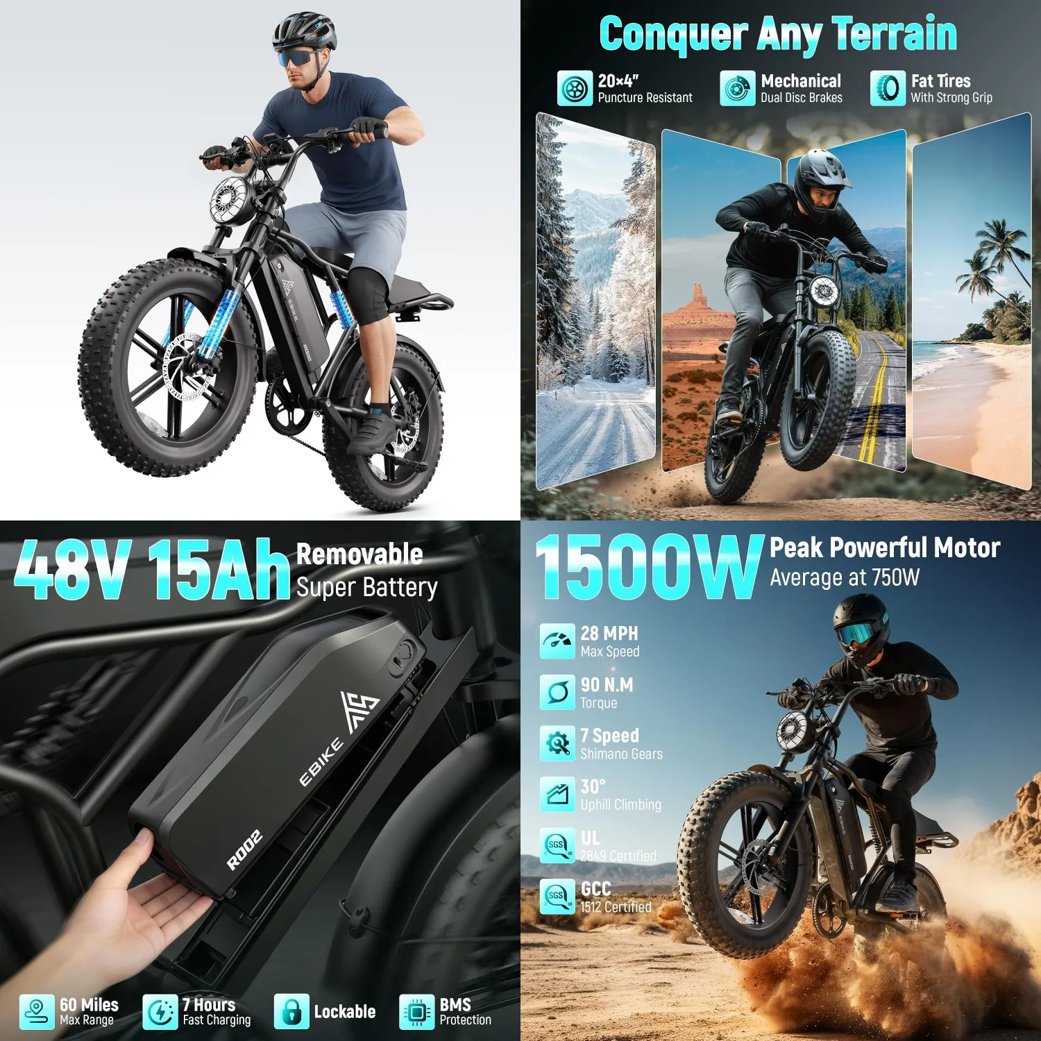 

1500W Peak 20"x4" Fat Tire E-Bike 48V 15/25Ah Battery Dual Suspension Disc Brakes LCD APP UL2849, Customized