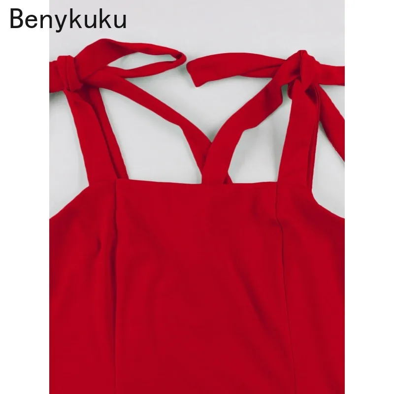 Cinghie con nodo rosso solido Abito lungo da ballo alto basso da donna Elegante volant da cocktail Abiti da compleanno Abiti da sera elasticizzati da donna