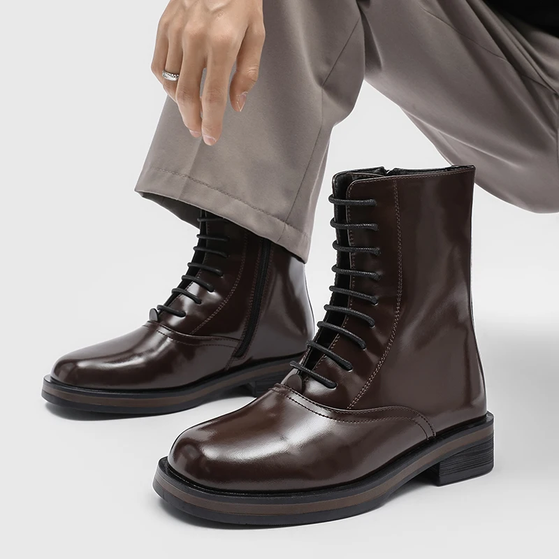 DIMANYU Men's Combat Boots Lace Up Side Zipper Mid‑Calf Boots Man Vintage Thick Casual Men Biker Boots