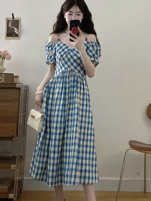 

plus Size Women's Summer Plaid Floral ort Sve Dr A-Line Skirt Slimming Belly Covering Commute Sle Korean Version