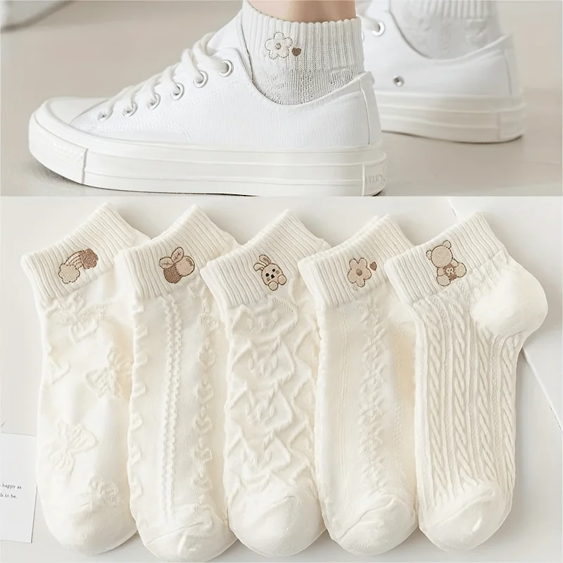 5 Pairs Mixed Packaging Women Cute Breathable Ankle Socks  Machine Washable Short Socks For Uniform Suit Casual Daily Wear