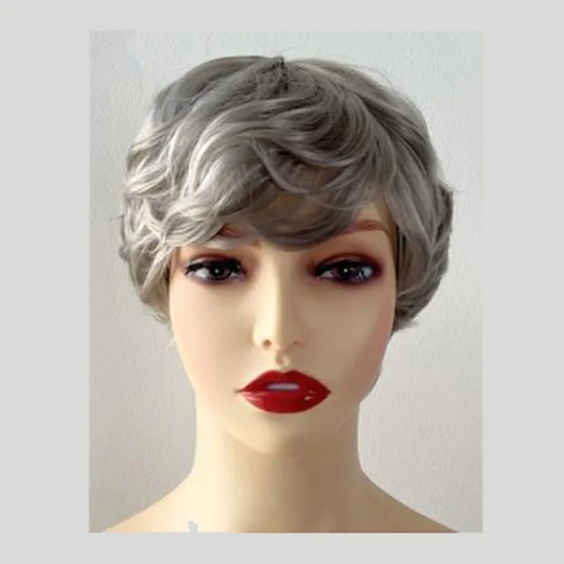 A middle-aged lady with gray hair and slightly curly wavy short hair, suitable for home and daily wear