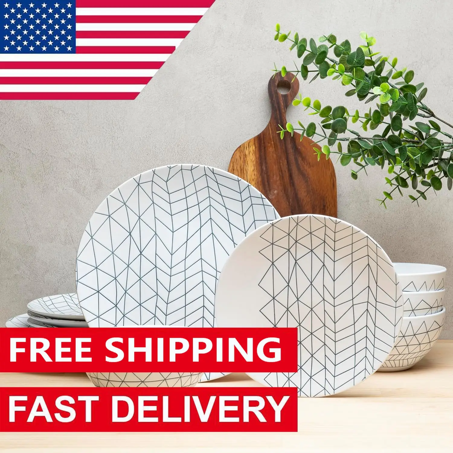 NEW 12 Piece Ceramic Dinnerware Set Modern Contemporary Design Plates and Bowls for Dining Glossy White Stoneware Dishes Set