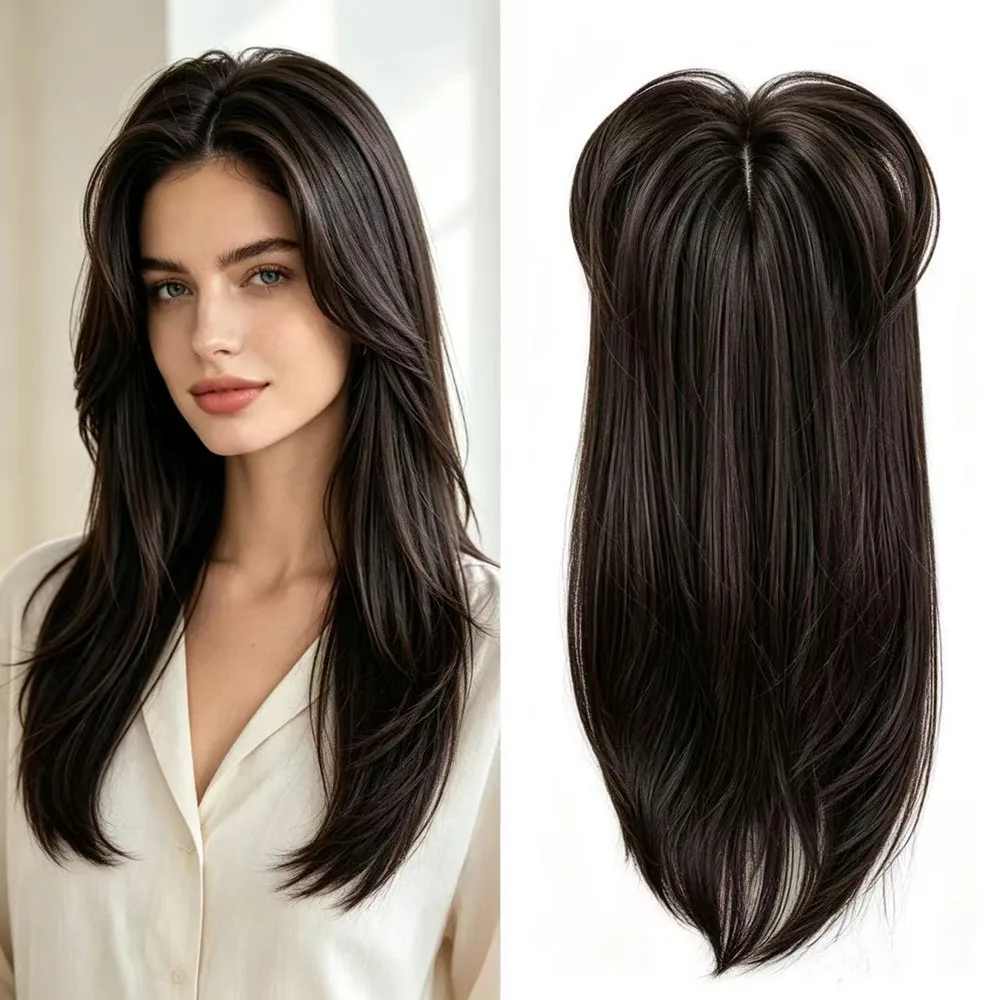 Women Synthetic Hair Topper 8‑Shape Bangs Long Straight Clip In Hairpiece Invisible Cover Gray Hair Top Hair Extension