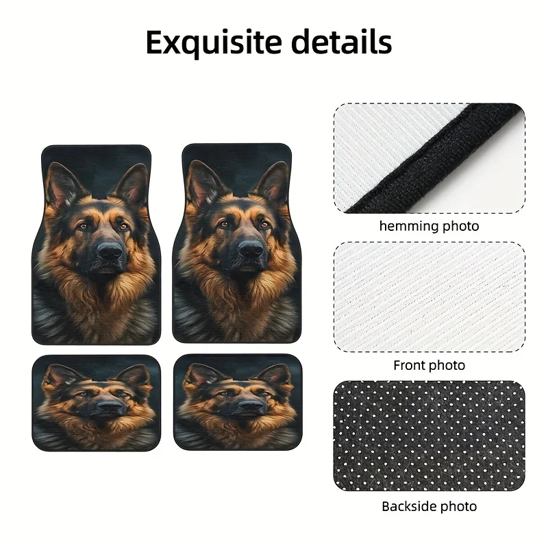 4pcs Loyal Guardian German Shepherd, Crystal Velvet Car Floor Mats Set With Artistic Print, Stylish And Comfortable Pedals For S