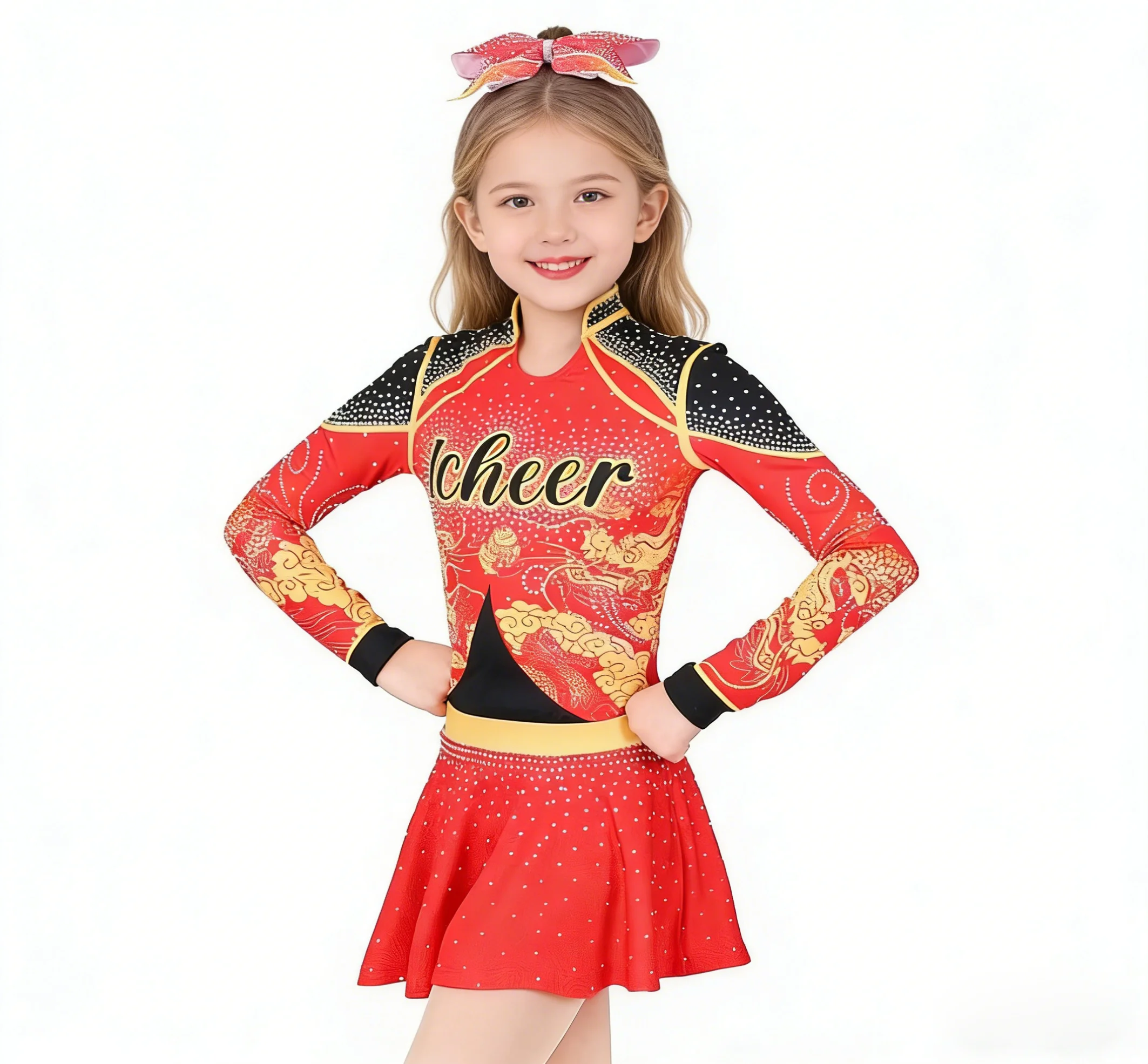 

Premium Girls Cheerleading Costume Red Dragon Print Long Sleeve Outfit Sparkle Rhinestone Decoration for Kids Stage Performance