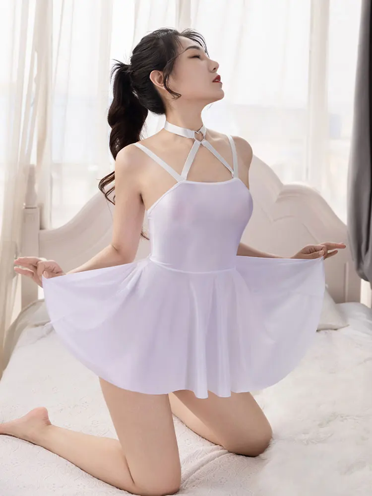 

Women's Oil Shiny Suspender Dress Sexy Ultra-short Pleated Skirt Hollow Out Uniform Maid Mini Dress Stage Wear Ruffled Dress