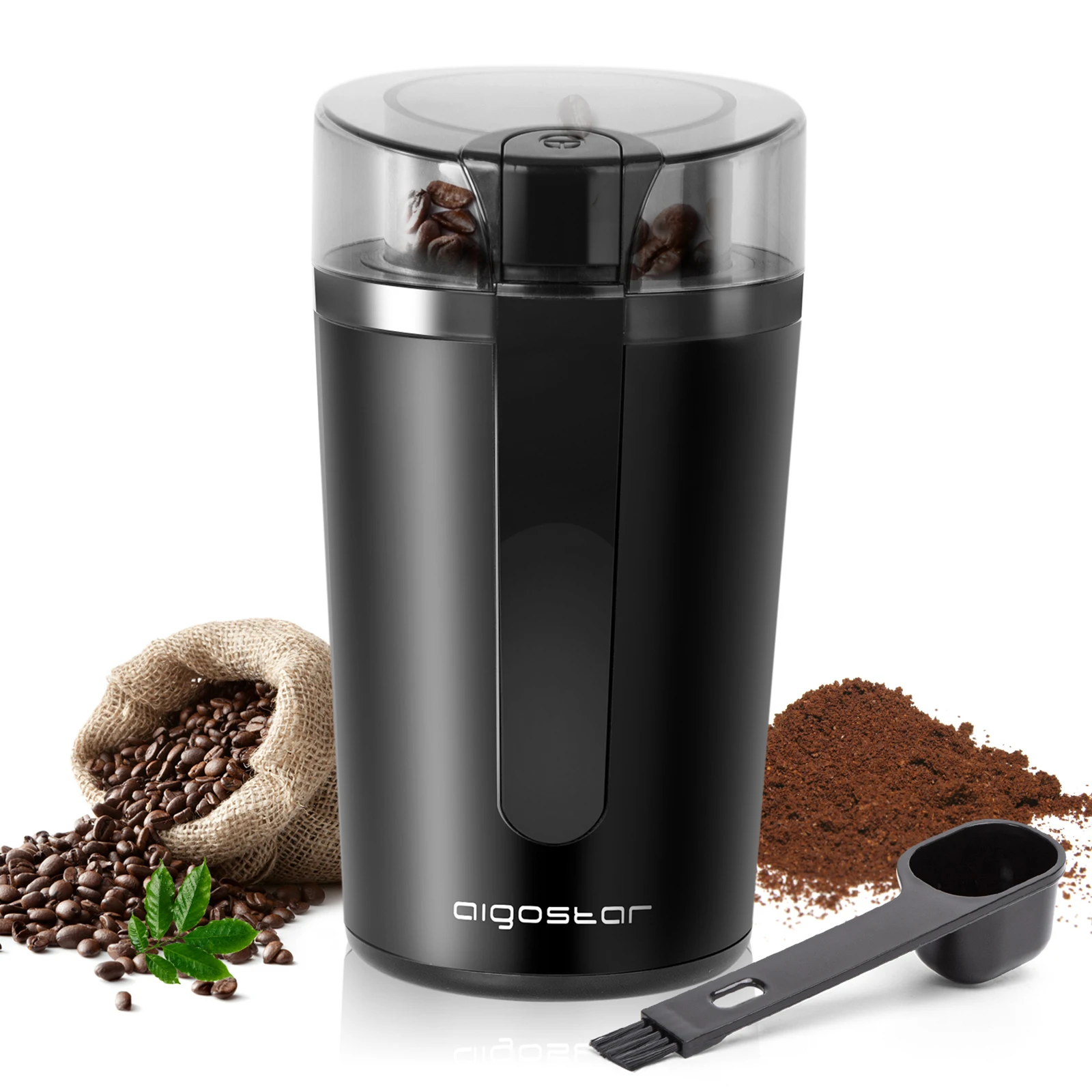 Aigostar Elektrische Kaffeemühle mit 200W, BPA-frei – Multifunktionale Gewürzmühle mit einstellbarem Mahlgrad, 60g Fassungsvermögen für Kaffeebohnen, Nüsse, Gewürze & Getreide, Schwarz
