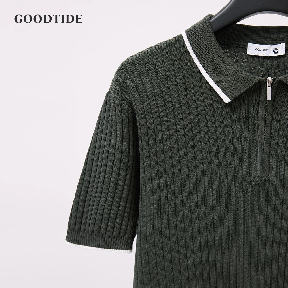 Men's Striped Zipper Short Sleeve Knitted Shirt Summer Comfortable Breathable Casual Business Polo Shirt Men's Golf Loose Top