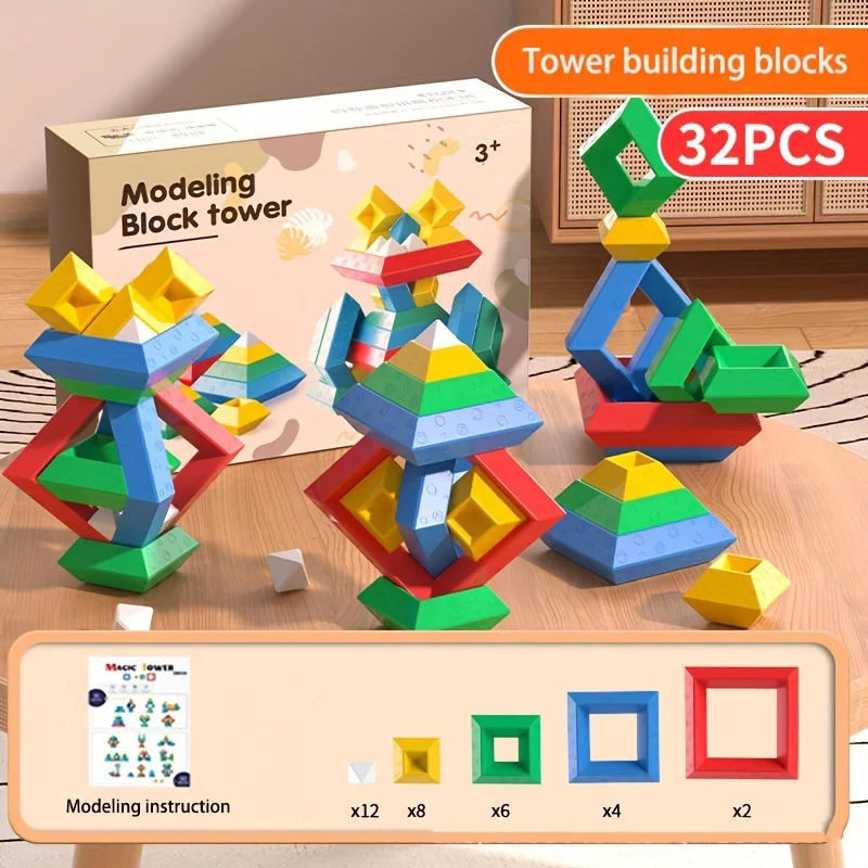 Pyramid Stacking Building Blocks Tower for Toddlers, 3D Geometry Space Game Montessori Educational Toys, Holiday Gift for Kids