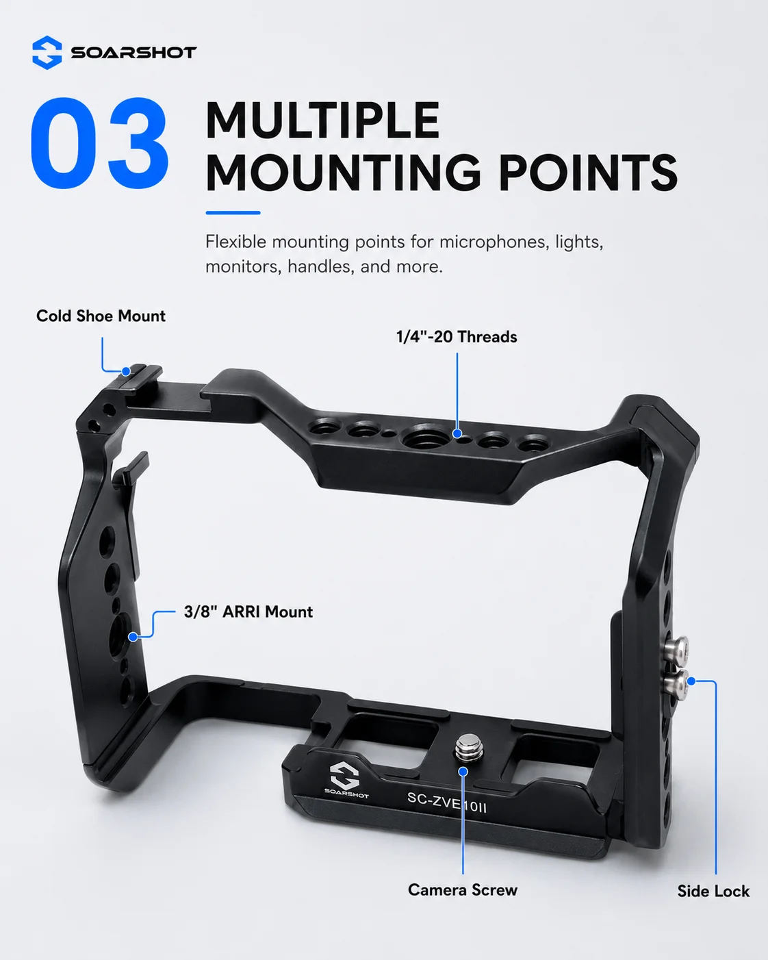 SOARSHOT Kamerakäfig für Sony ZV-E10 II ZV-E10M2 Aluminiumlegierung Kamerarig-Rahmen Cold Shoe 1/4 3/8 Zoll Halterung Vlogging-Zubehör – Detail 3