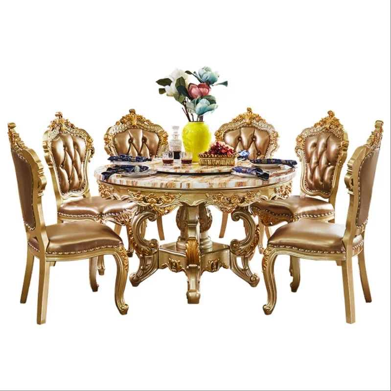 marble dining table sends turntable solid wood round table luxury noble golden dining  and chair combination