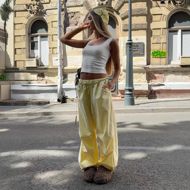 2025 Autumn Women Cargo Pants Yellow Cotton Baggy Trousers Low Waist Drawstring Elastic Waist Wide Leg Streetwear Long Pants New