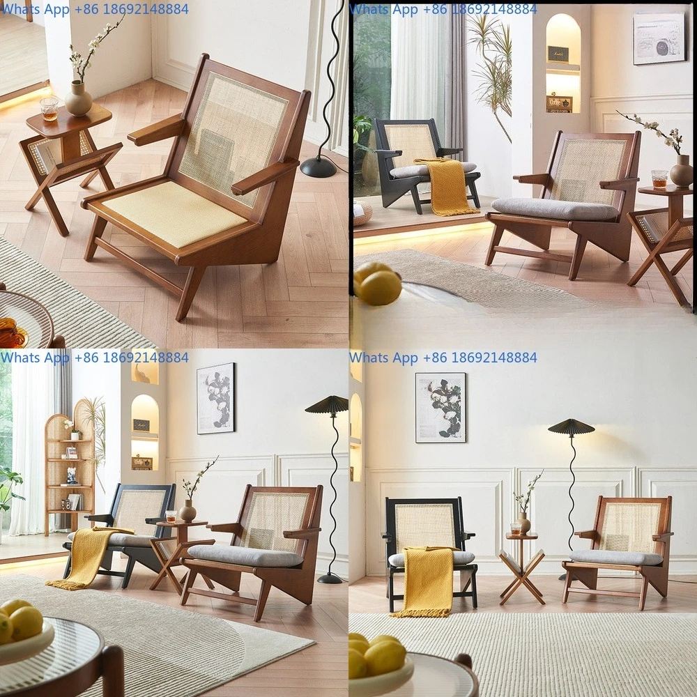 

Japanese style solid wood rattan lounge chair simple balcony home sofa chair set for hotel guesthouse 3 piece rattan chair set