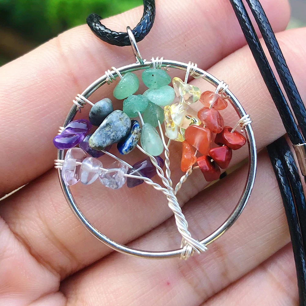 2pcs/Set 30mm Natural Stone Crystal Pendant Tree of Life Chakra Pendulum Charms for Jewelry Making Necklace Earrings Accessories